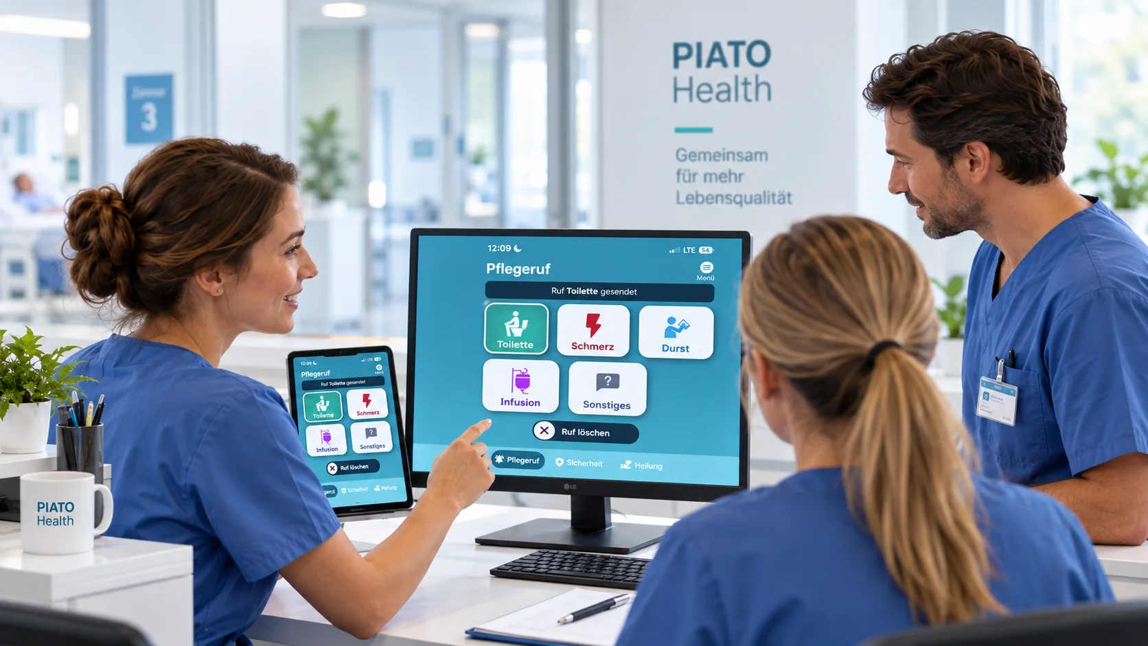 Pflegeteam am Stützpunkt: eingehende Pflegerufe auf Monitor und Tablet