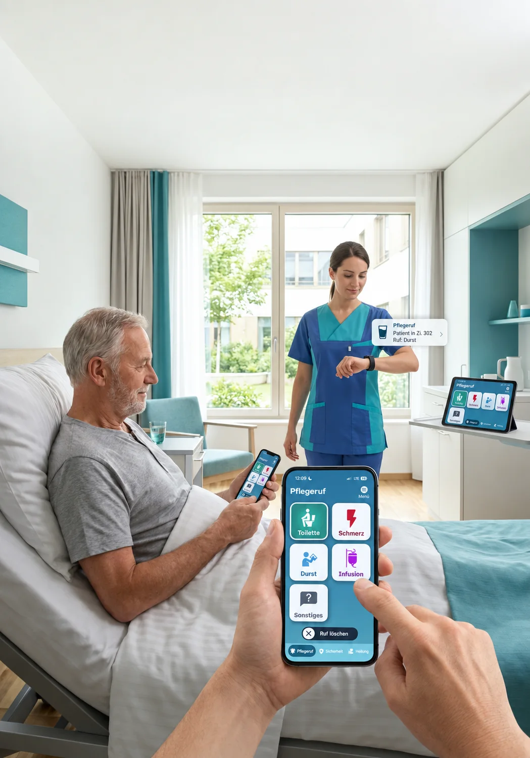 Patientenzimmer: Patient sendet über die PIATO-App einen Pflegeruf, die Pflegekraft erhält die Meldung auf Smartwatch und Tablet